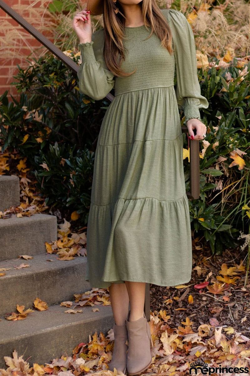 Sweet Elegant Fold Solid Color O Neck A Line Dresses(3 Colors)