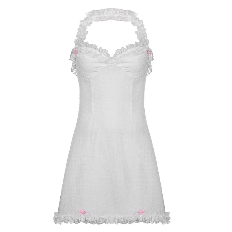 IAMHOTTY Ruffle Lace White Dress y2k Sleeveless Halter Sundress Beach Party Fairycore Kawaii Aesthetic Outfit Lolita Dresses 90s