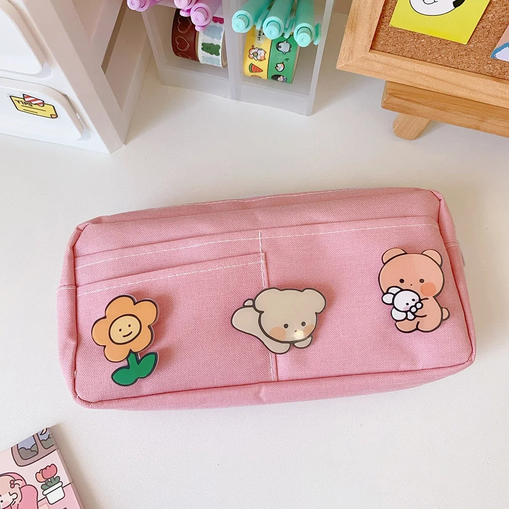 Pencil Bag Female New Large Capacity Pupil Cute Canvas Pencil Bag Solid Color Unior High School Multi-functional Stationery Bag