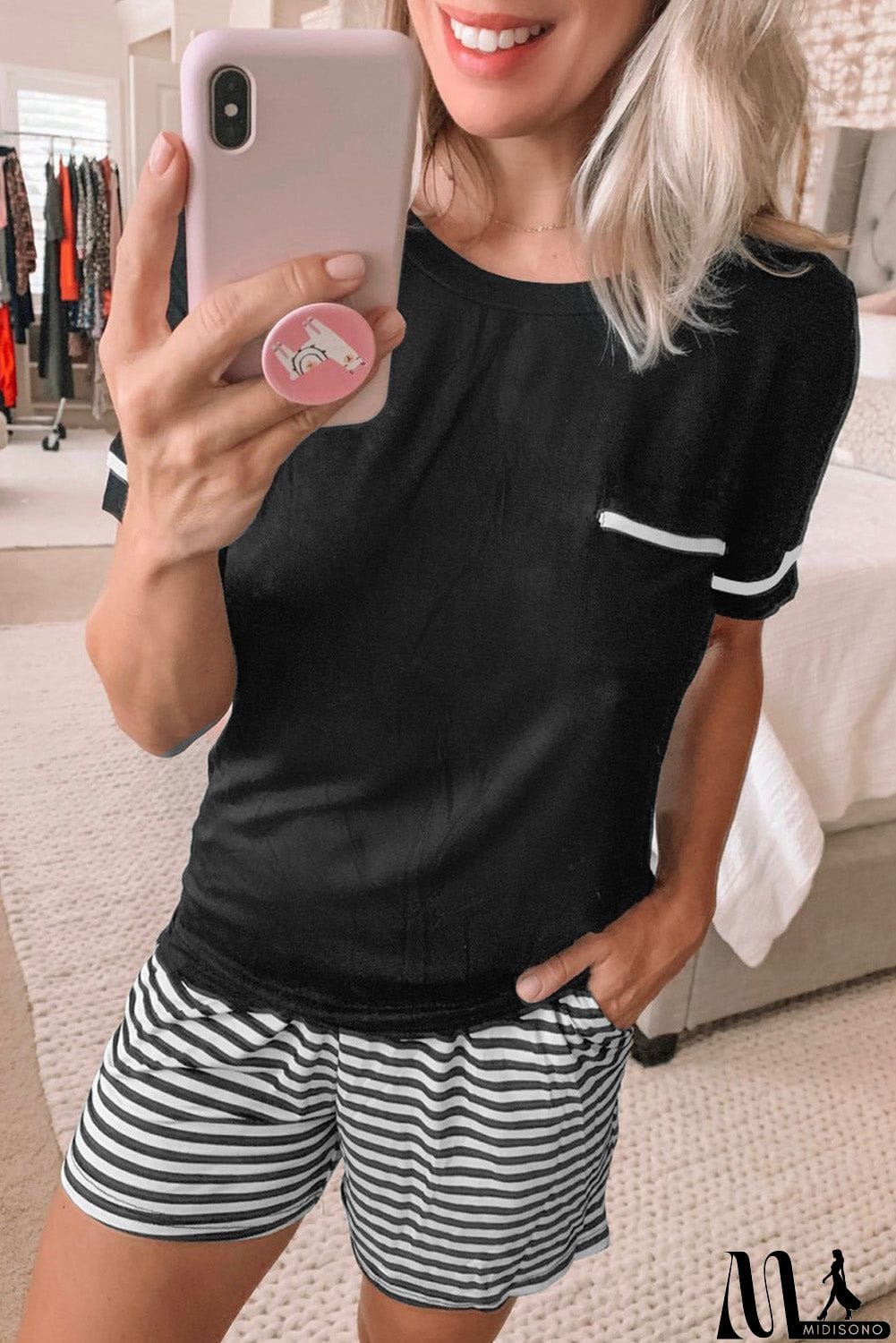 MidiSono - Solid Tee Striped Shorts Lounge Set