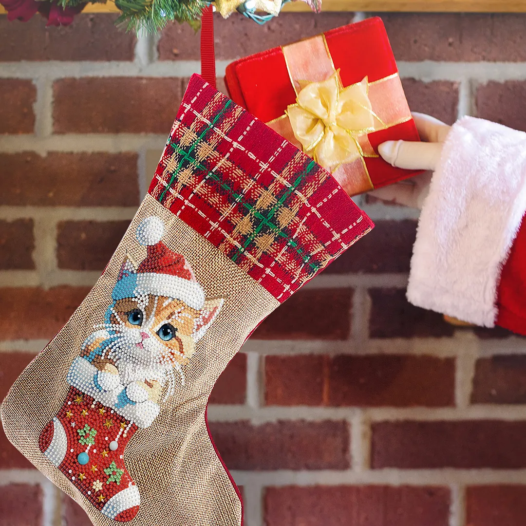 DIY Diamond Painting Christmas Stockings Hanging Ornaments Large Capacity Xmas Socks Pendant Wear Resist Candy Gift Storage Bags for Family Christmas Holiday Party Decoration (Christmas cat)