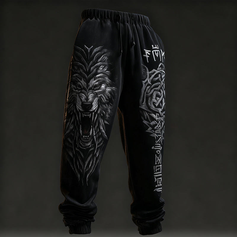 Men's Retro Viking Rune And Wolf Pattern Casual Sports Pants elevenforest