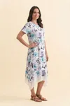 Front view of elegant blue and purple floral print linen-blend dress with V-neck