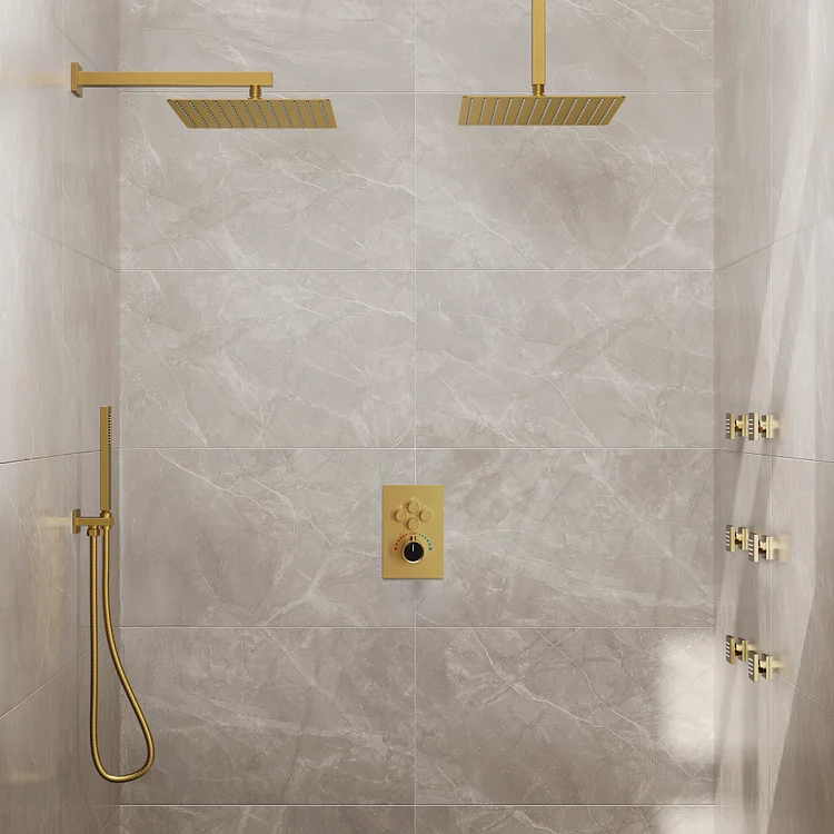 Luxury Thermostatic Dual Shower Head System in Brushed Gold SFS