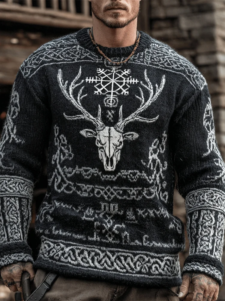 Viking Tribe Skull Deer Head Men's Knit Sweater