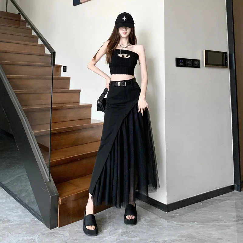 Huiketi Women Patchwork Black Gothic Skirt Harajuku Korean Y2k Long Skirt Fashion Streetwear Vintage A-line Skirt 90s Emo 2000s Clothes