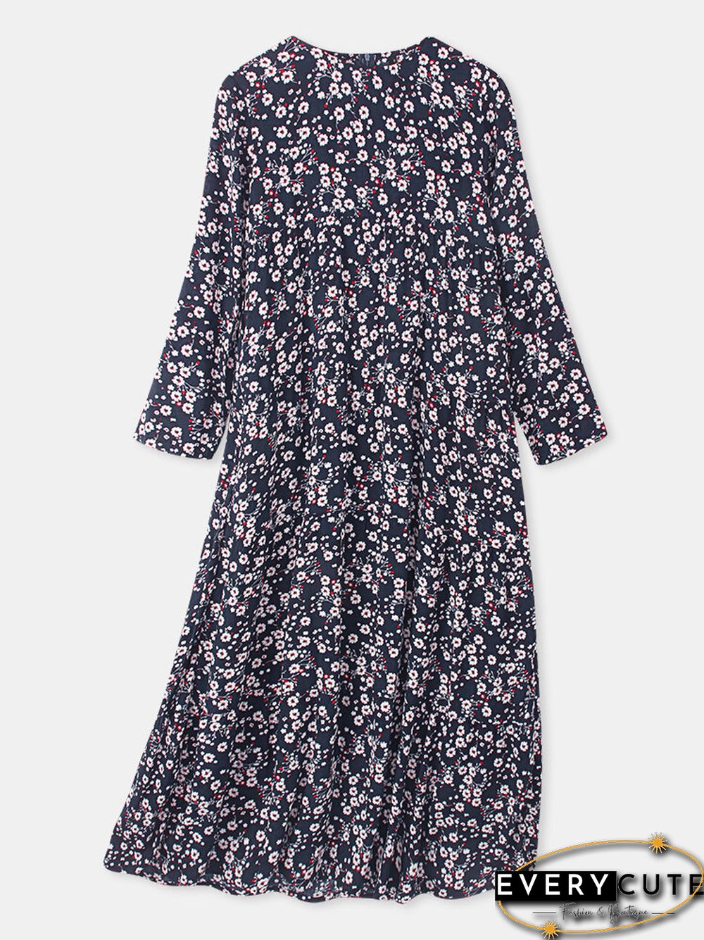 Women Vintage Floral Print O-neck Pocket Long Sleeve Maxi Dress