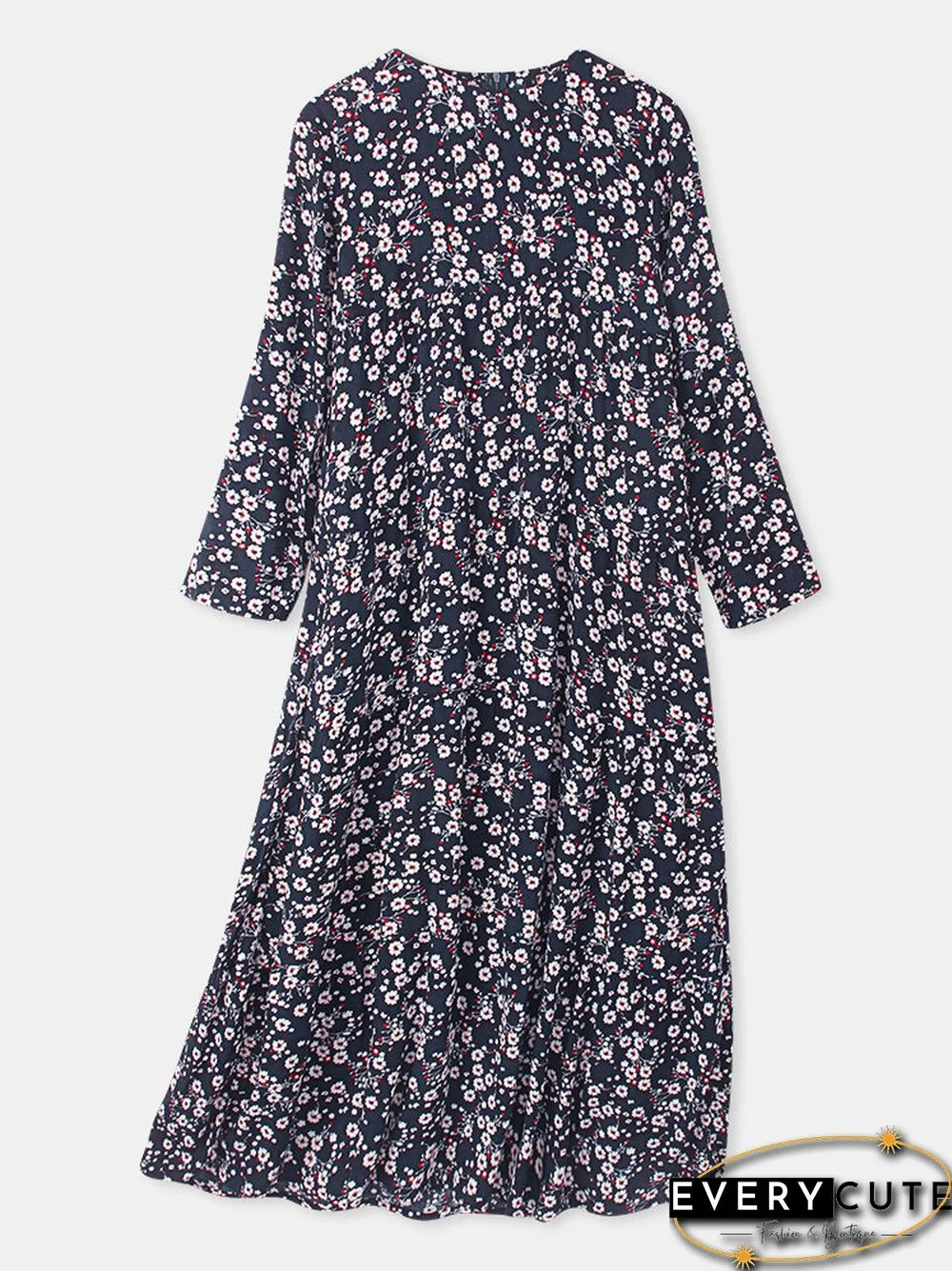Women Vintage Floral Print O-neck Pocket Long Sleeve Maxi Dress