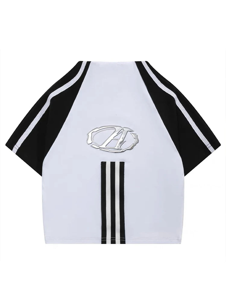 OLCooL Korean Fashion T-shirt Women Summer Short Sleeve Striped Patchwork Crop Top American Retro Hot Girl Harajuku Y2k Slim Tops Tees olcool