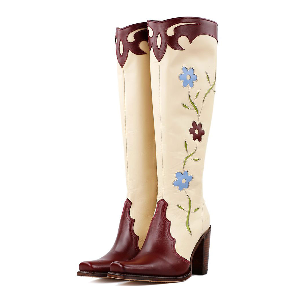 Beige & Burgundy Snip Toe Knee High Heeled Flower Cowgirl Boots