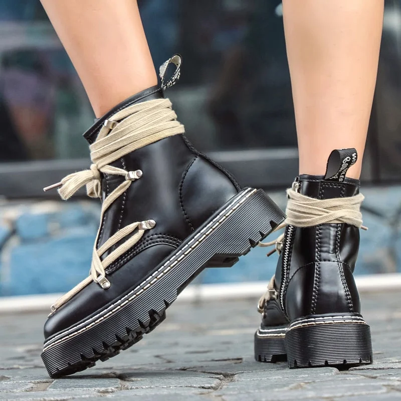 Women Boots Platform Genuine Leather Lace-up Chunky Motorcycle Ankle Boots Female Winter Shoes Woman Punk Booties Botas Mujer