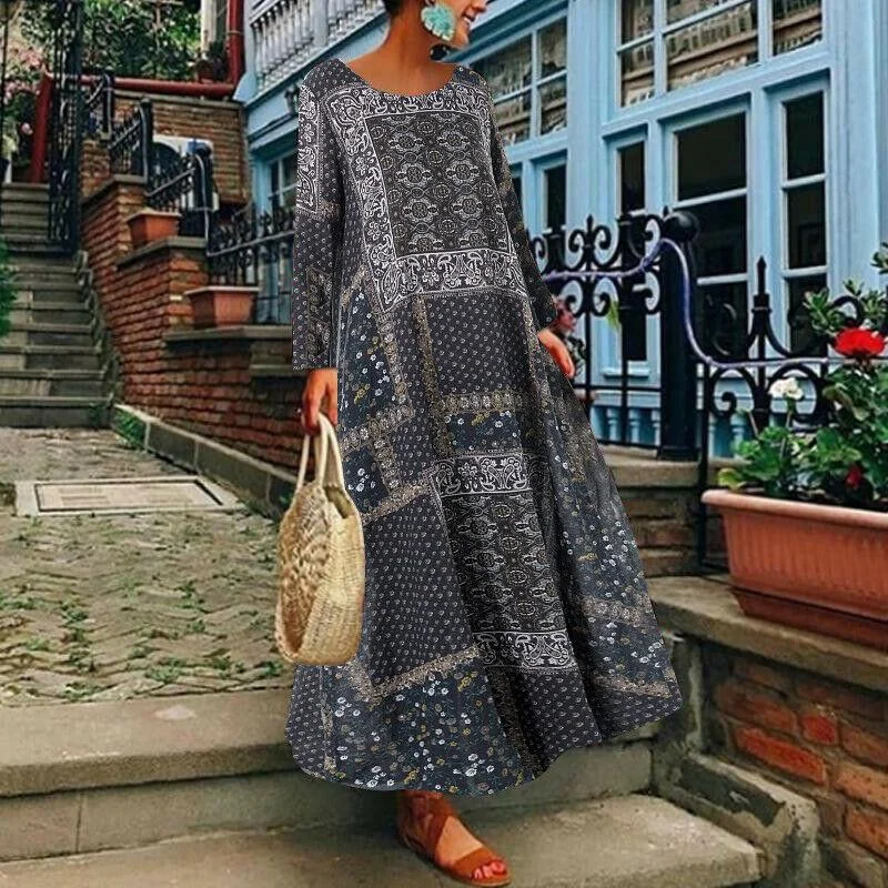 Autumn Vintage Floral Printed Long Dress Cotton Linen Sundress