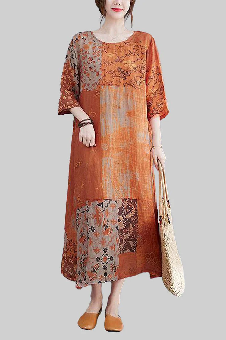 Linen Orange Three Quarter Sleeve Round Neck Patchwork Print Midi Dress
