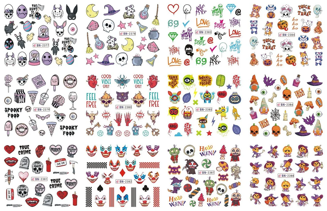 Xpoko Halloween Nail 12Pcs Halloween Nail Stickers Ghost Bride Clown Scars Cartoon Snake Skull Water Transfer Foils Sliders Decorations For Manicure