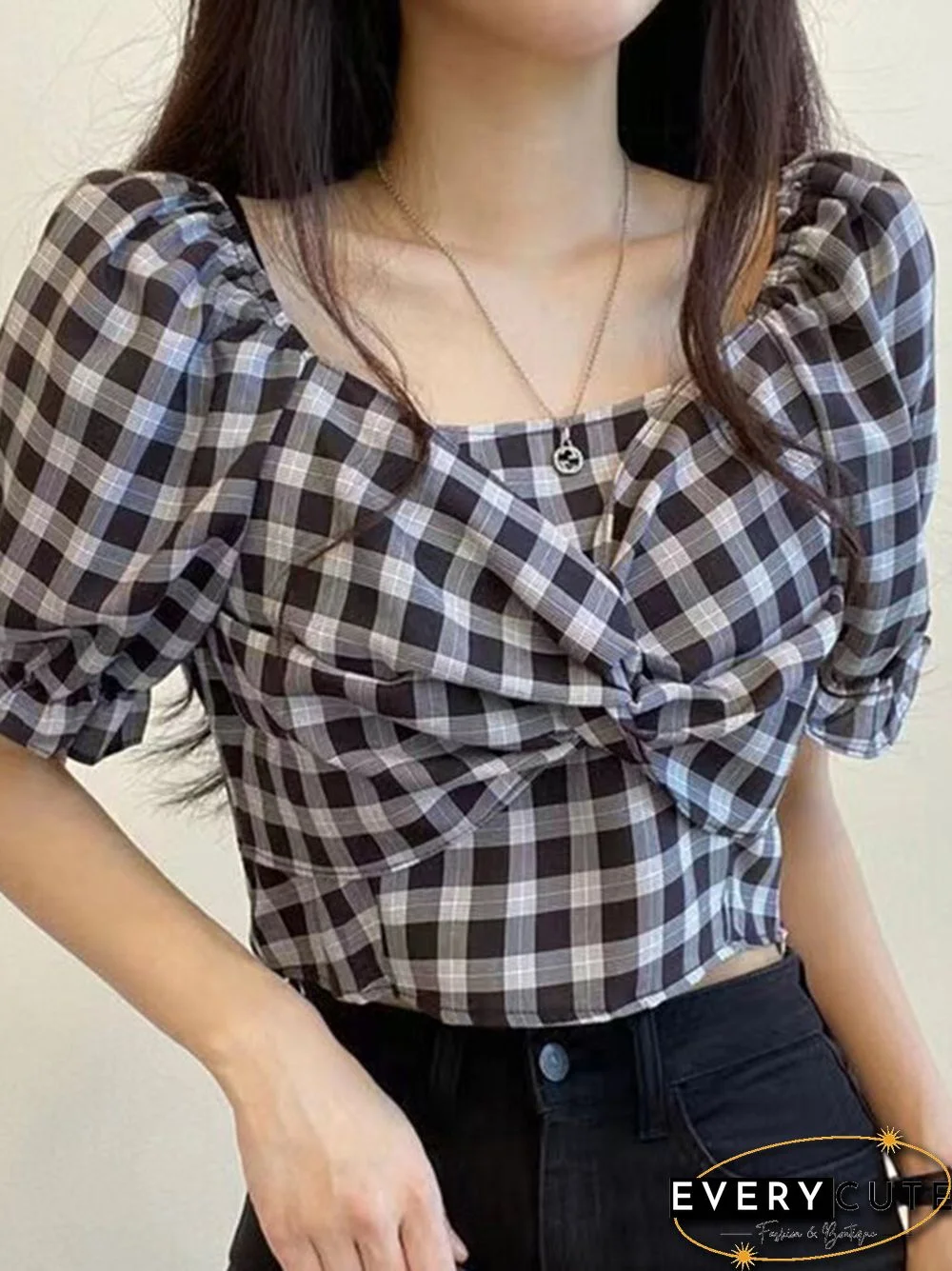 Twisted Front Check Print Puff Sleeve Crop Top