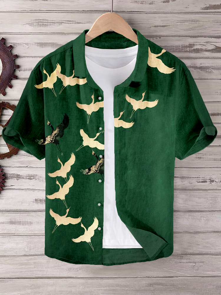 Comstylish Japanese Crane Formation Pattern Linen Blend Shirt