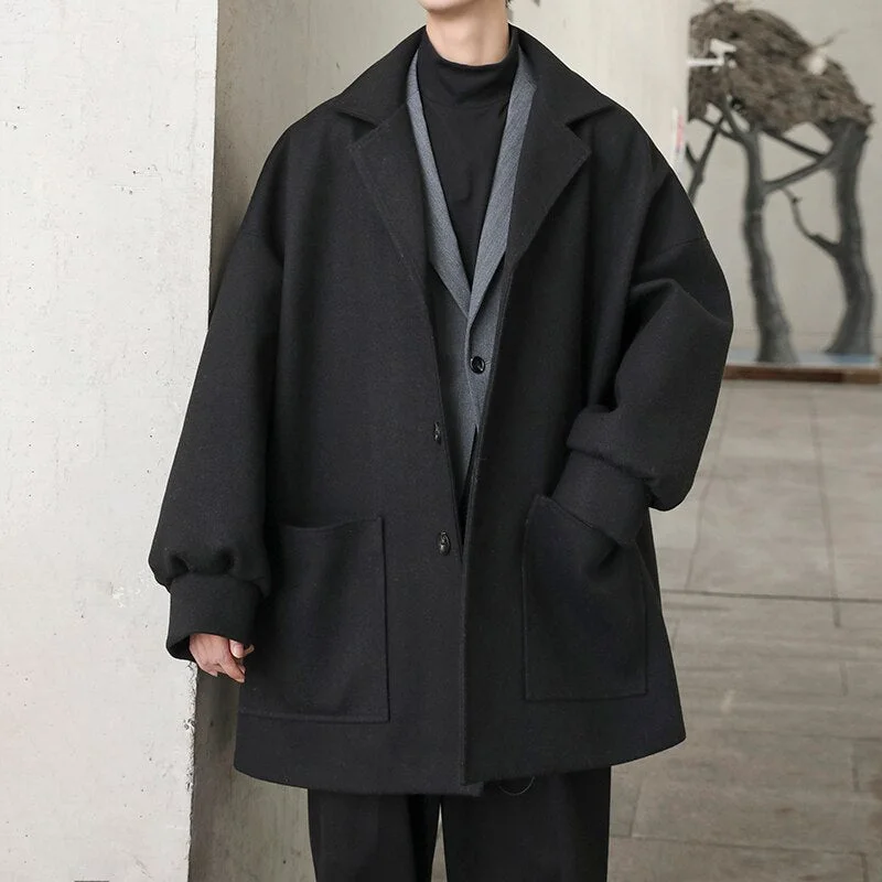 Aonga Oversized Men Korean Solid Winter Coat 2021 Wool Coat Male Black Harajuku Trench Coat Flannel Button Jackets And Coats