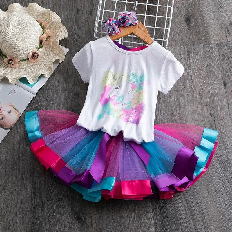 2021 New Summer Girls Unicorn Clothes Sets 2PCS Short Sleeve Cartoon Print T Shirts + Fluffy Tutu Skirts Unicornio Girl Clothing