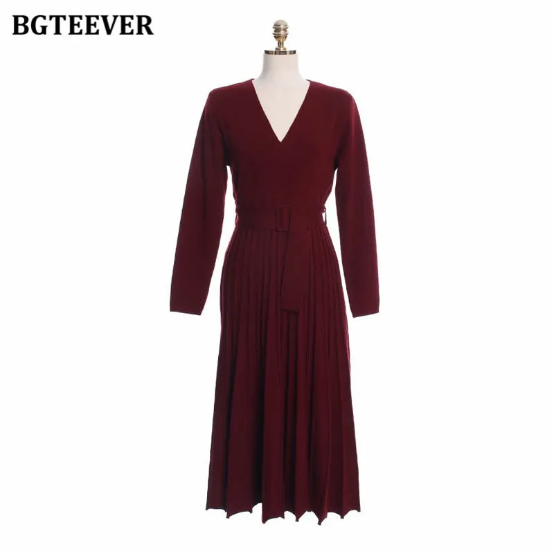 BGTEEVER Elegant V-neck Thick Warm Women Knitted Pleated Dress Long Sleeve Belted Sashes Ladies Sweater Dress 2020 Autumn Winter