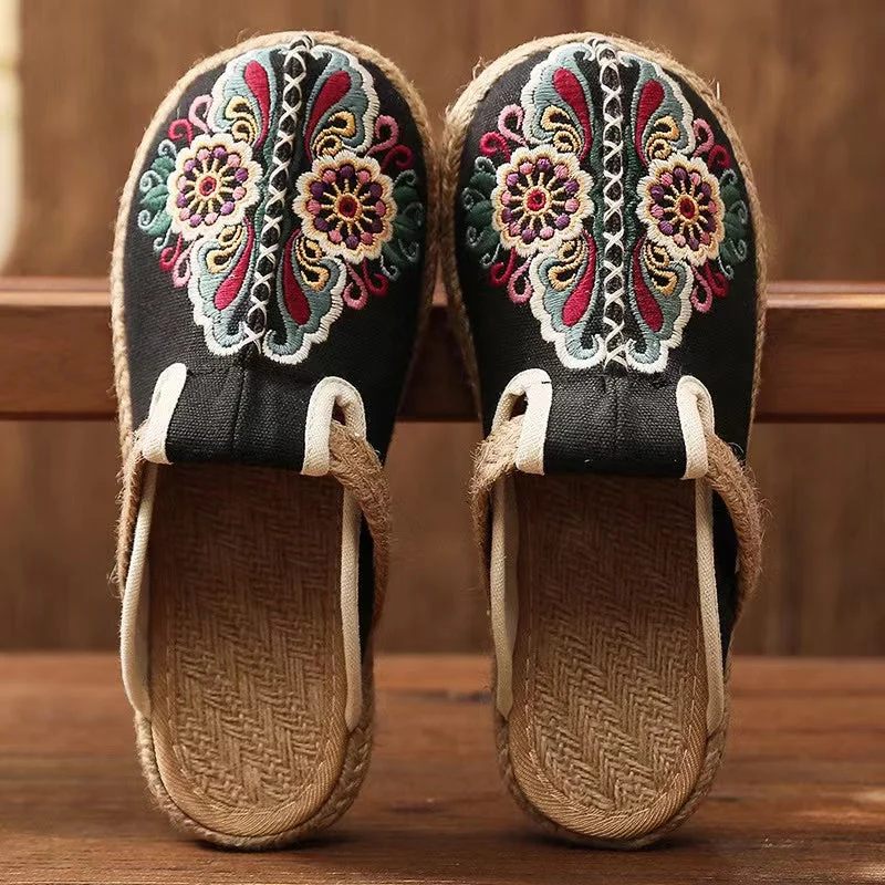 Linen Floral Shoes flip flop Flats