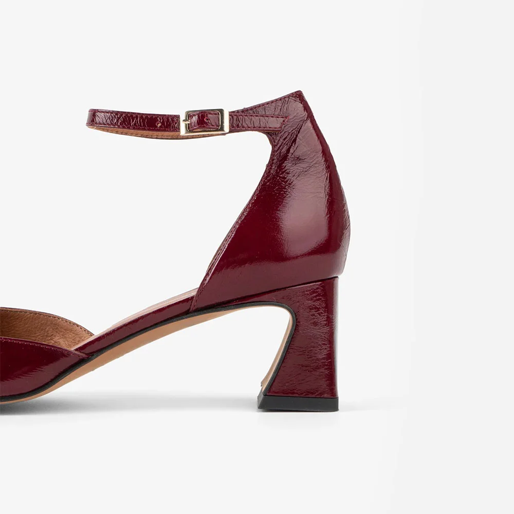 Maroon Faux Leather Square Toe Ankle Strap Heeled Pumps for Women