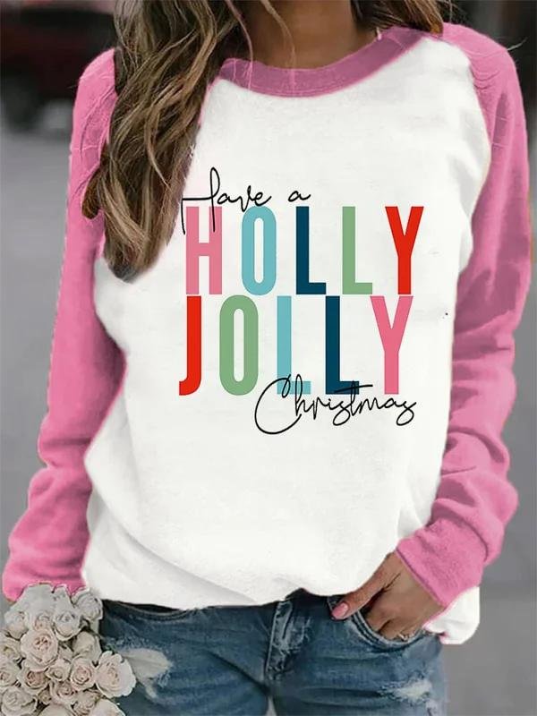 Have A Holly Jolly Christmas Colorblock Print Sweatshirt