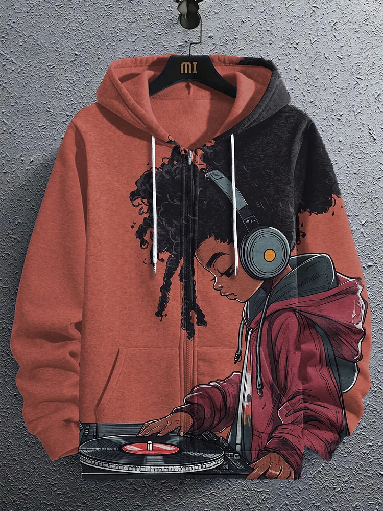 Men's Afro Kid Music Lover Print Hooded Zip Up Jacket