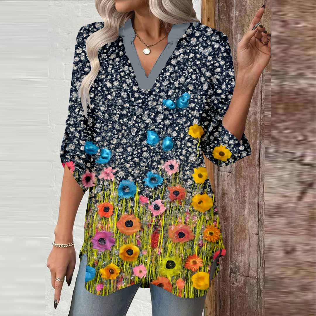 Women Floral, Blue DZGA0049 3/4 Sleeve V-neck Printed Graphic Button Tops