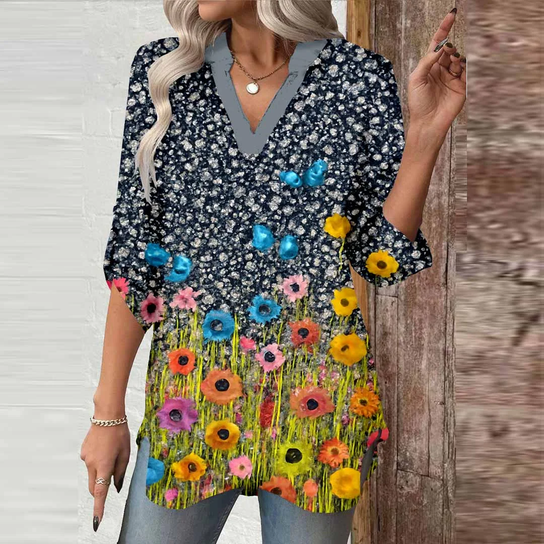 Women Floral, Blue DZGA0049 3/4 Sleeve V-neck Printed Graphic Button Tops