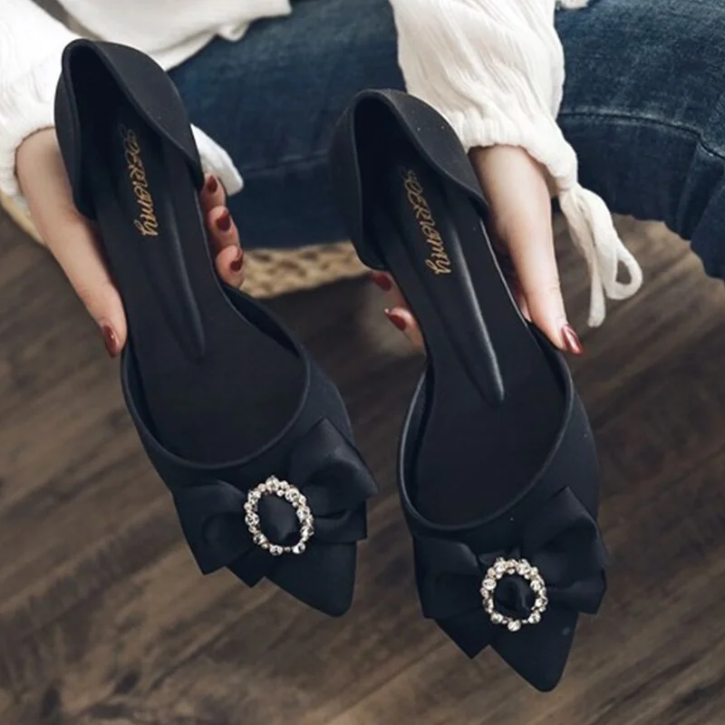 Elegant Women Shoes Butterfly-knot Pumps Summer Drill Ladies Pointed Toe Shallow Jelly Shoes Low Heel Office Female Footwear