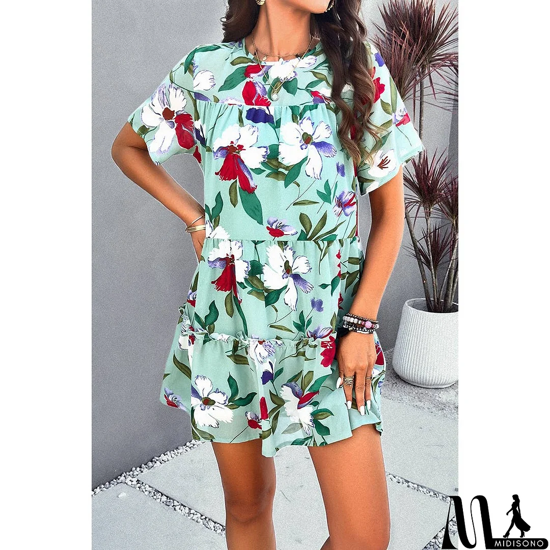 MidiSono - Knot Back Floral Lined Ruffle Loose Dress