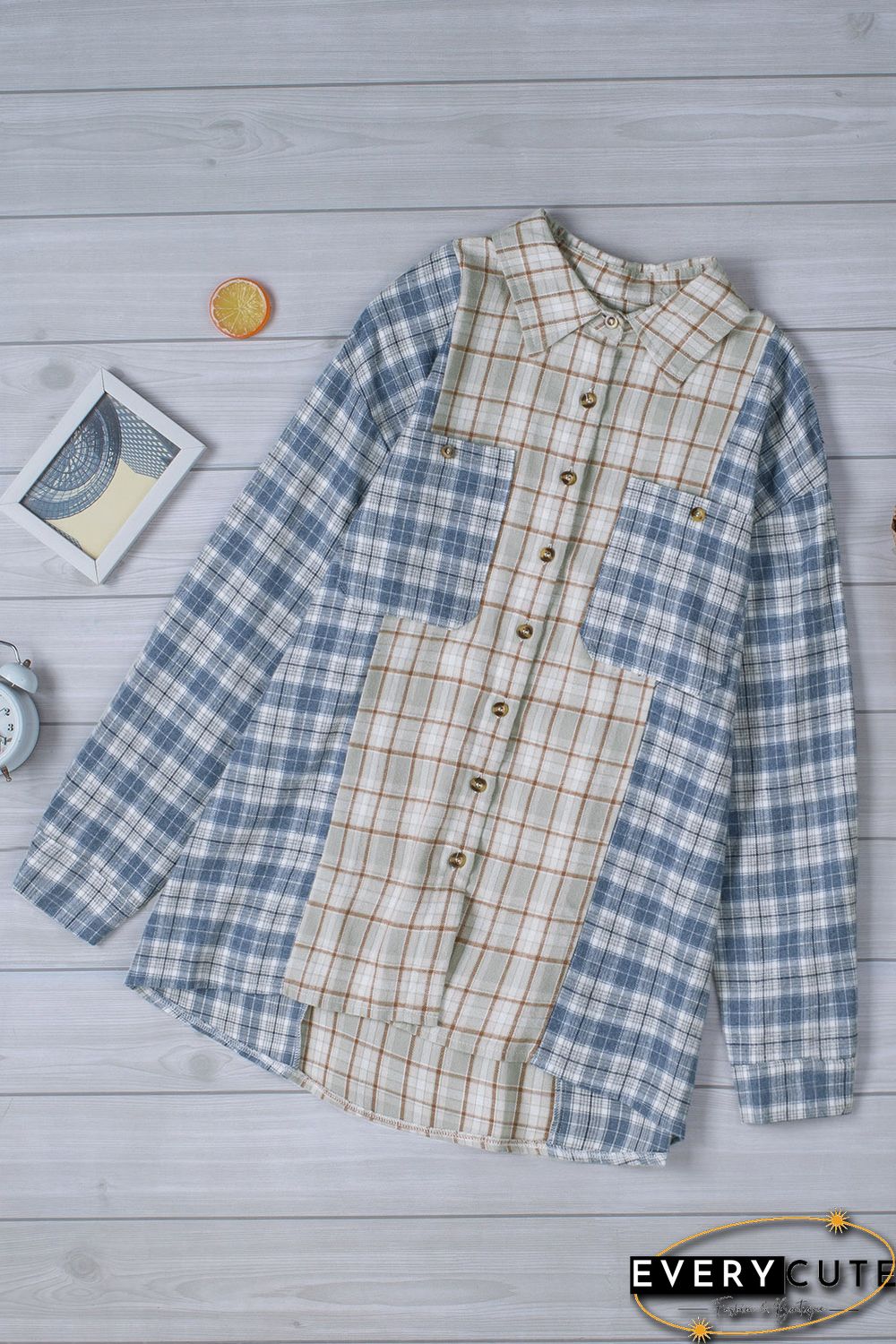 Sky Blue Plaid Color Block Pocket Button-up Long Sleeve Shirt