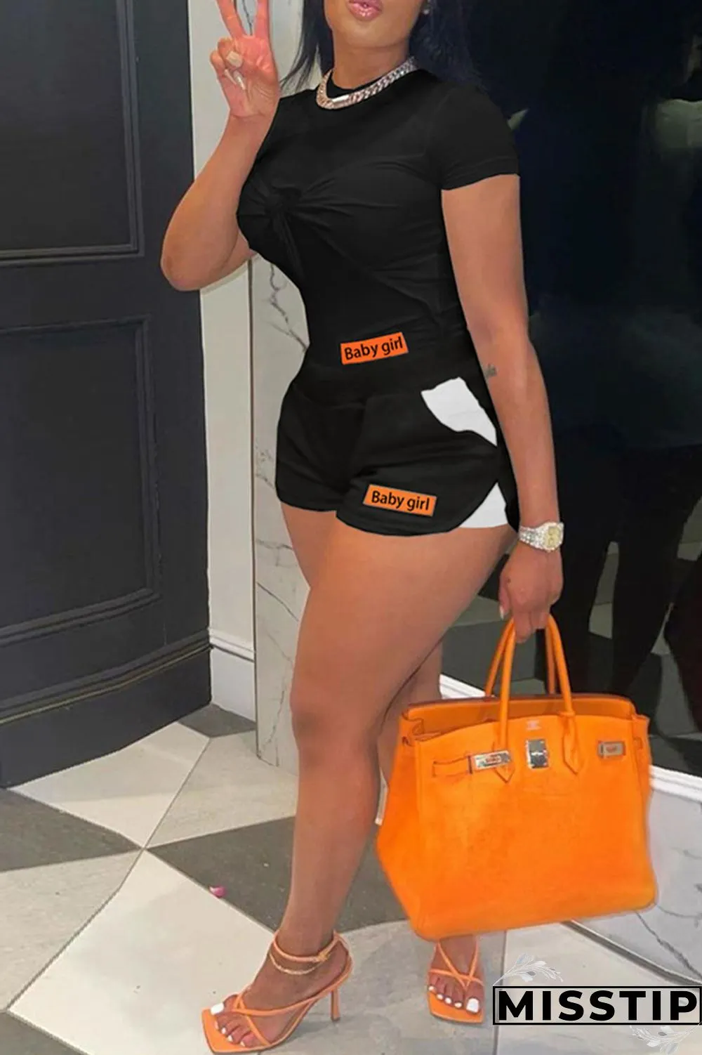 Light Purple Fashion Casual Patchwork With Bow O Neck Short Sleeve Two Pieces