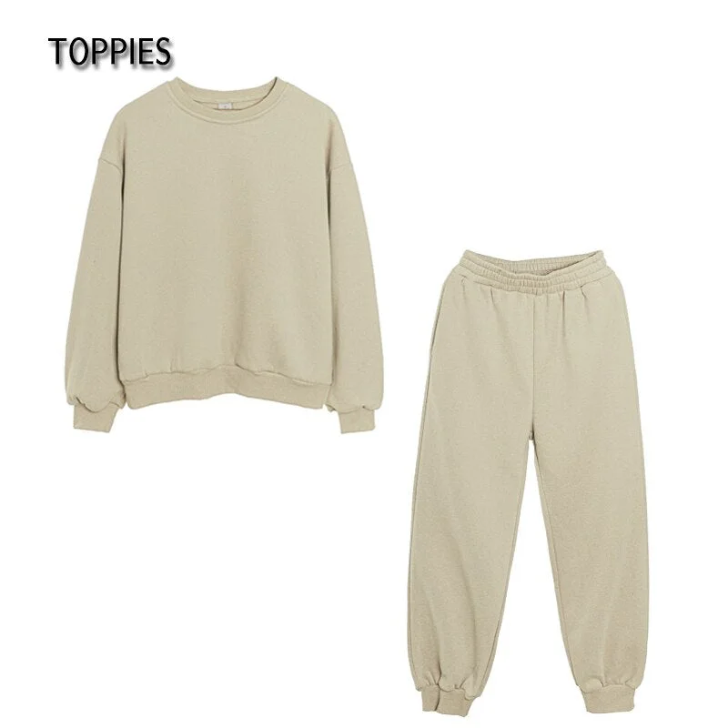 Toppies 2021 Autumn Winter women Tracksuit Two Set Fleece Sweatshirts Crew Neck Hooded Sweatshirts Fleece warm pants Sportswear