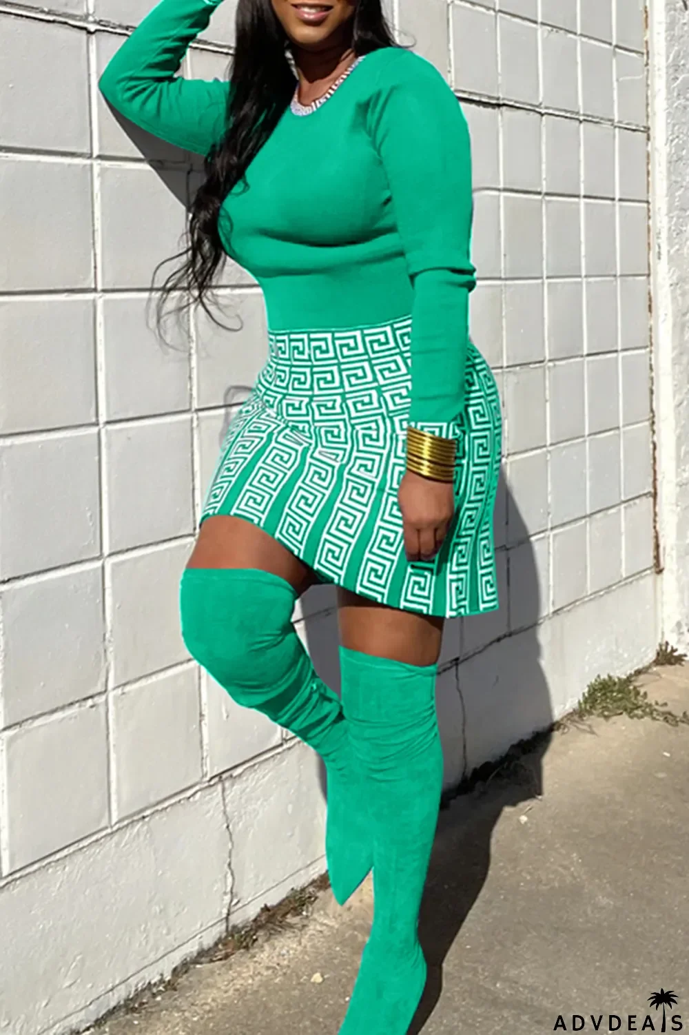 Pink Fashion Print Patchwork O Neck Long Sleeve Two Pieces