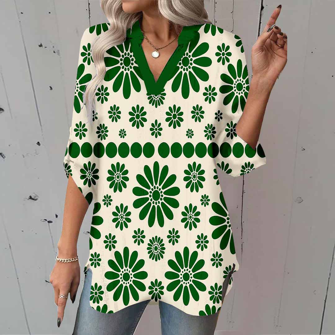 Women Green, Tropical DZGA0074 3/4 Sleeve V-neck Printed Graphic Button Tops