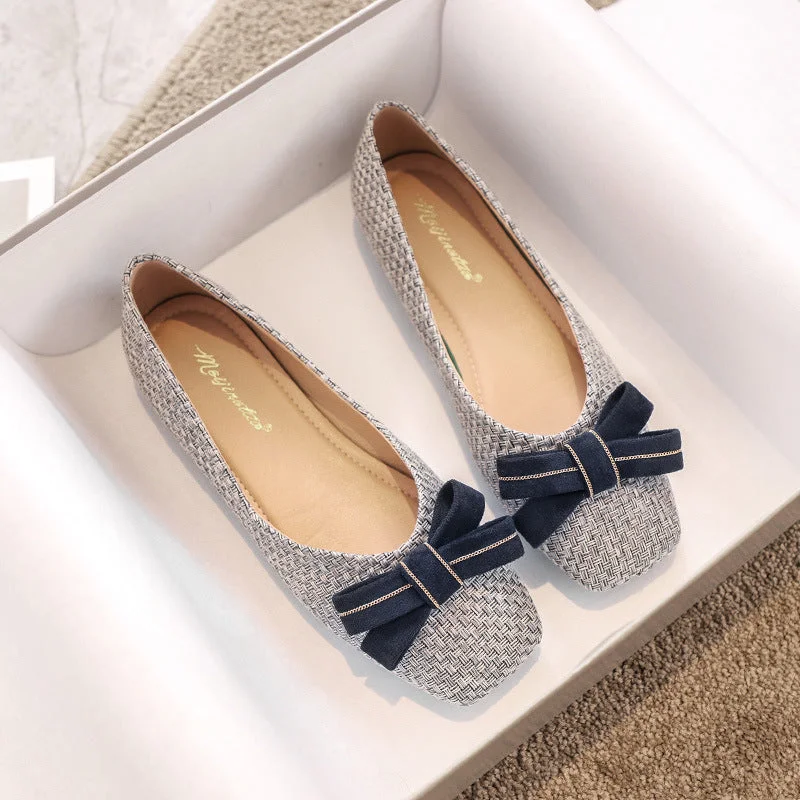 Single Shoes Women's New Bow Soft Bottom Scoop Shoes Woven Flat Beanie Shoes Large Size Women's Shoes 