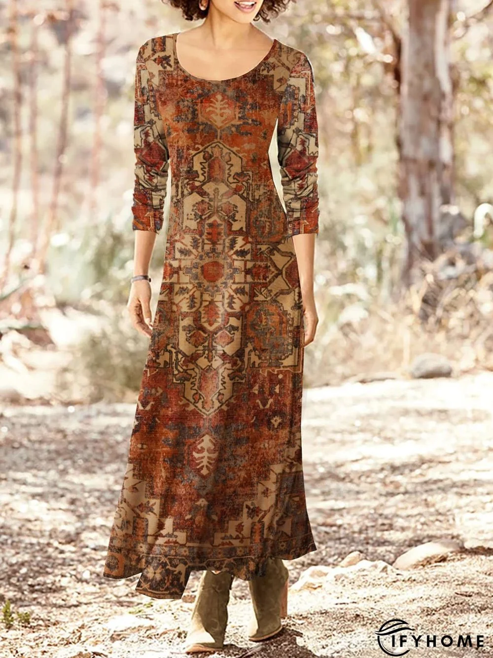 Jersey Ethnic Printed Crew Neck Long Dress | IFYHOME