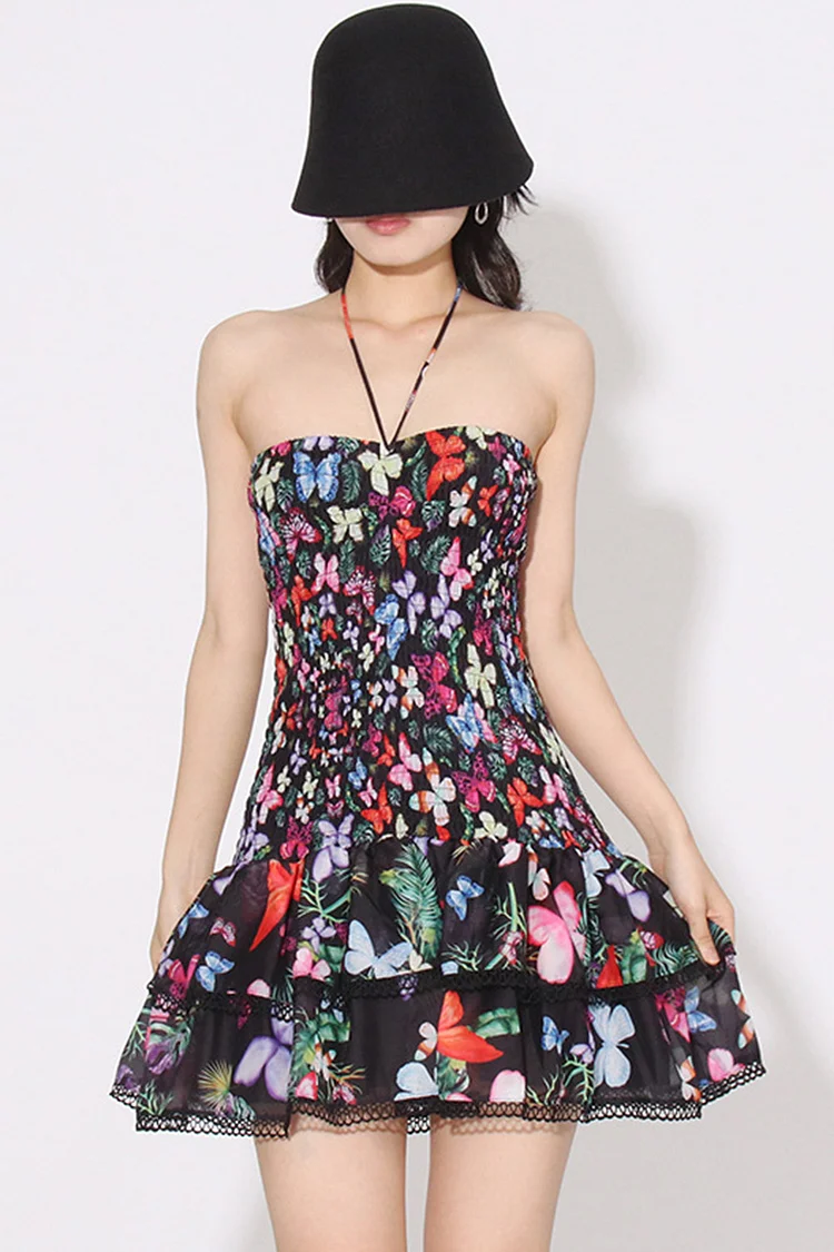 Butterfly Print Smocked Ruffle Halter Mini Dress-Black