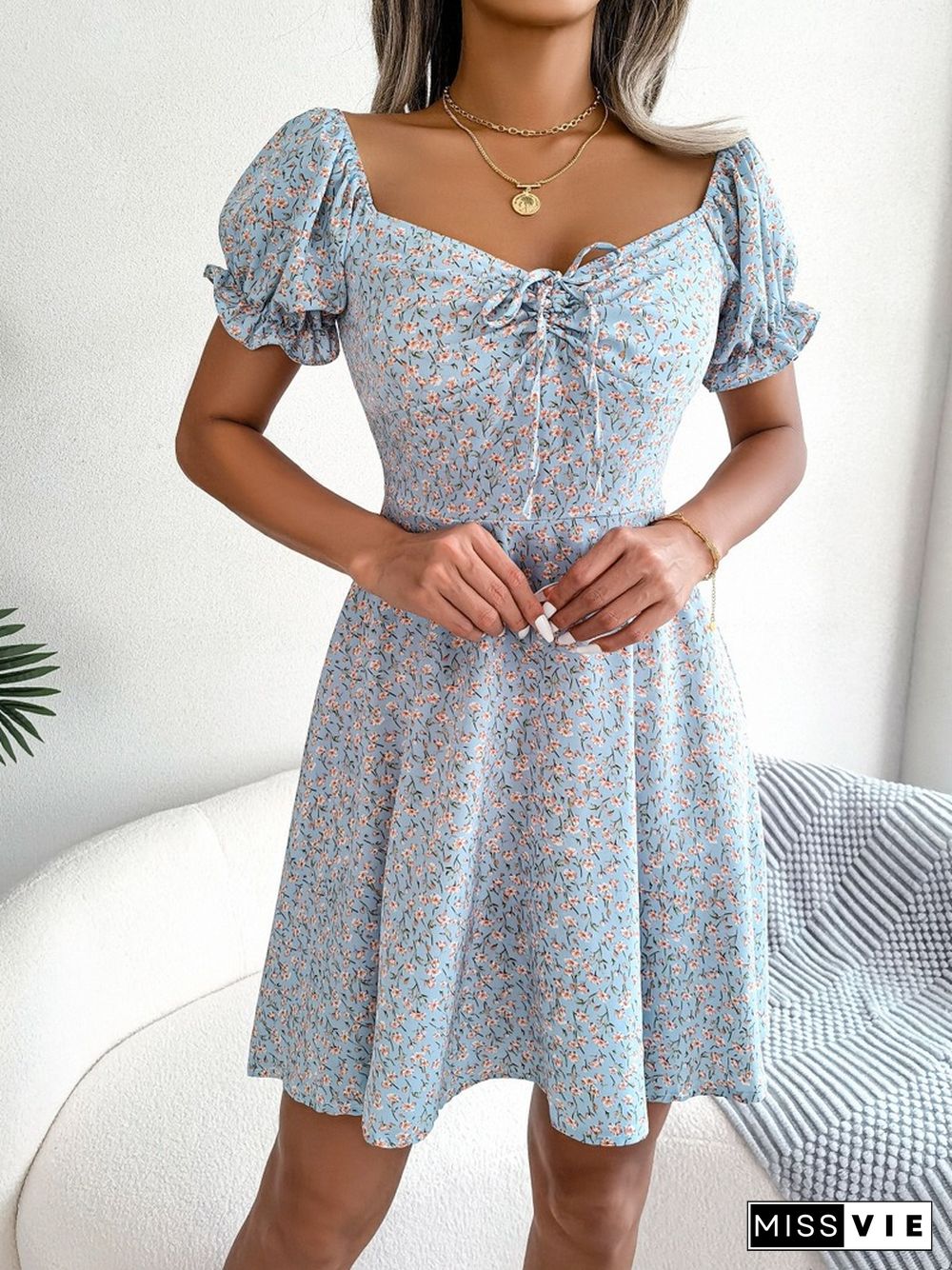 Elegant Floral Print Dresses For Women Summer Dress New Casual V-Neck Short Puff Sleeve High Waist Swing Mini Dress