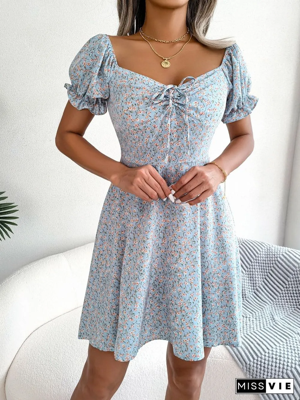 Elegant Floral Print Dresses For Women Summer Dress New Casual V-Neck Short Puff Sleeve High Waist Swing Mini Dress