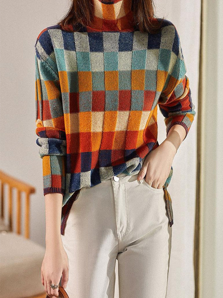 Autumn Checkerboard High Neck Sweater
