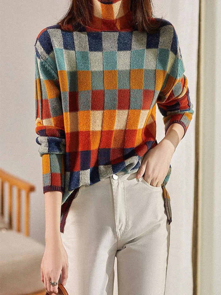 Autumn Checkerboard High Neck Sweater