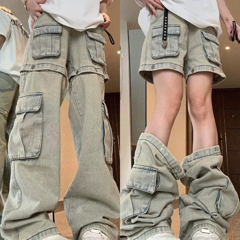 OLCooL American New Detachable Design Sense Tooling Jeans Female Y2K Fashion Gothic Retro High Street Straight Small Vibe Waisted Pants olcool