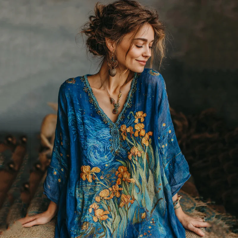 Women's Vintage Oil Painting Iris Gradient Embroidery Art V Neck Long Sleeve Maxi Dress