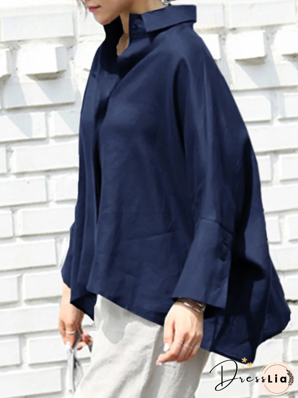 Plain Lapel Loose High-low Hem Long Sleeve Casual Shirt
