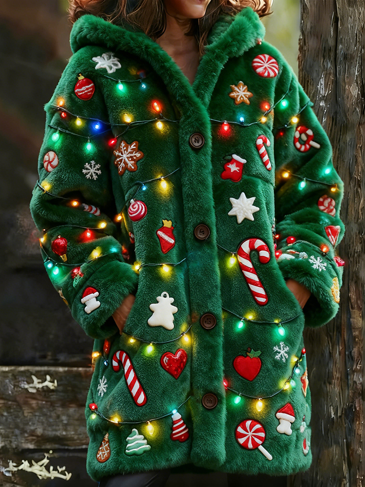 Christmas Santa And Colorful Lights Fleece Long Hooded Cardigan elevenforest