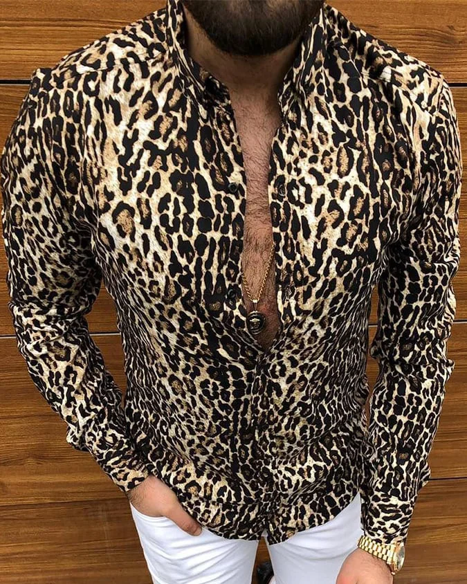 Suitmens Men's Leopard Print Long Sleeve Shirt 006