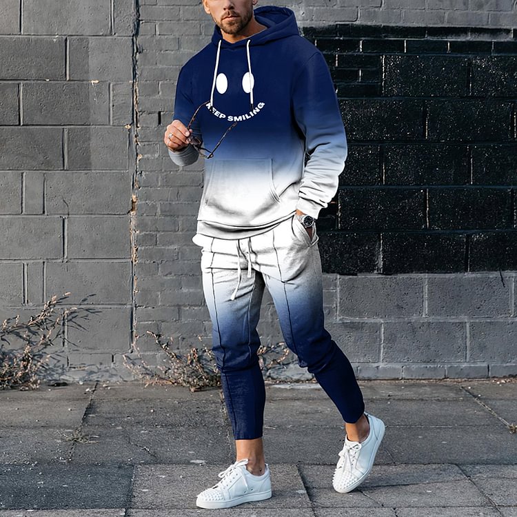 BrosWear Blue Gradient Smiley Tracksuit Two Piece Set