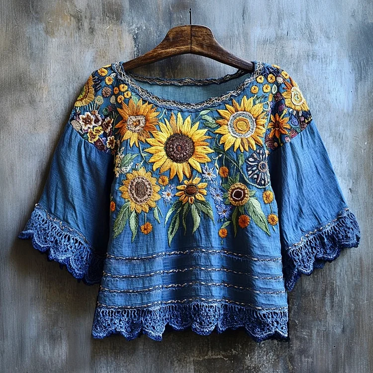 Ukrainian Sunflower Embroidery Women's Linen Shirt